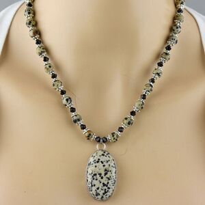 Handcrafted Necklace Earring Set .925 Overlay Dalmatian Jasper made Swarovski